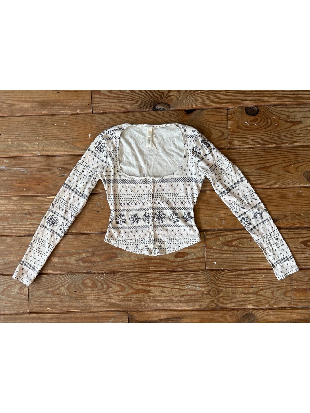 SKIMS Snowflake Thermal Henley Top Fair Isle Print Long Sleeve Cropped Size S